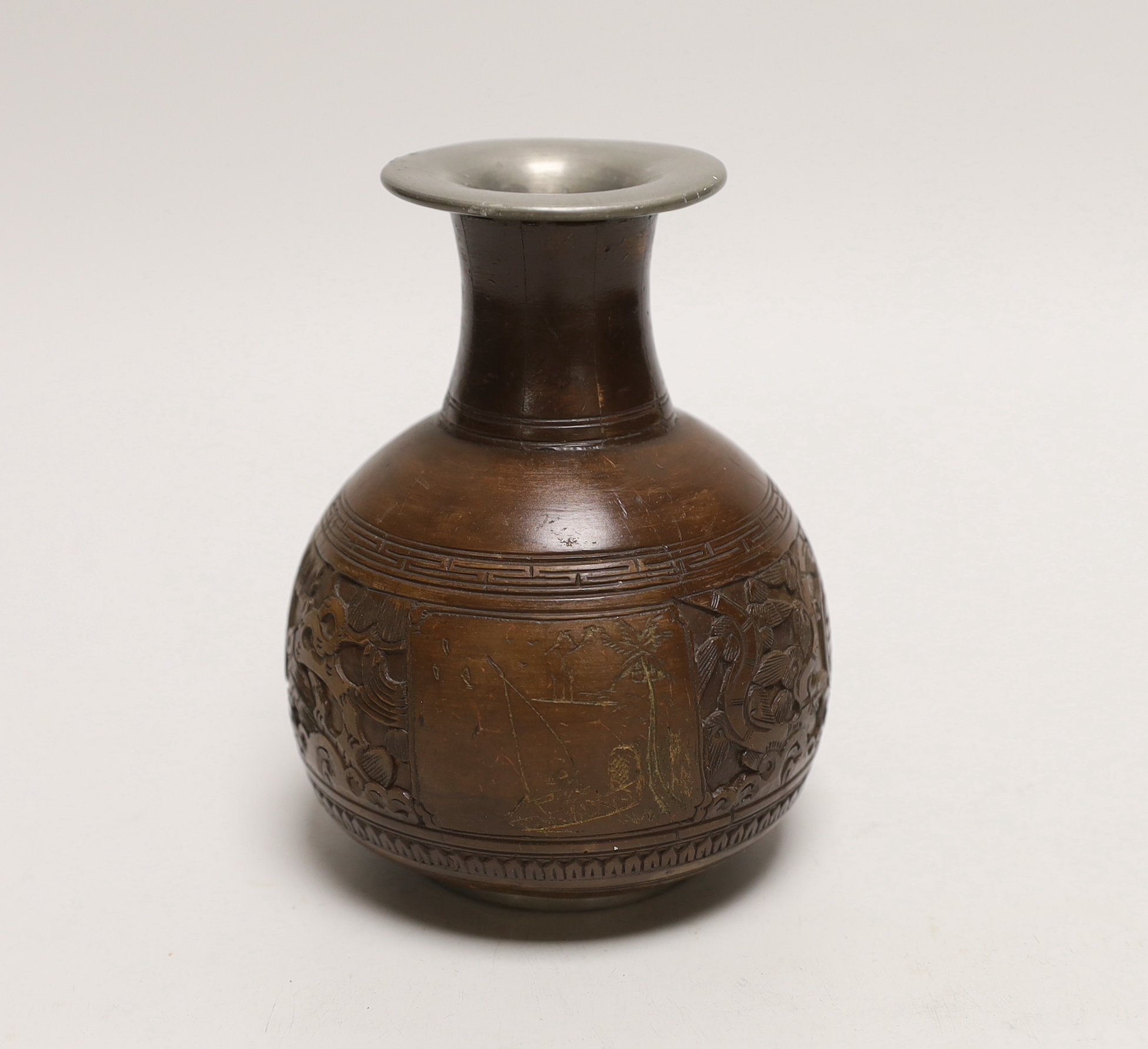 A Chinese coconut and pewter vase, 14cms high